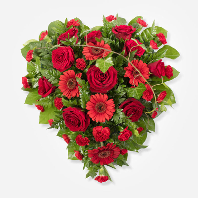 Heart SYM-323 - Full Heart of Elegant Red and Green Flowers. A beautiful arrangement to send for a funeral. 
